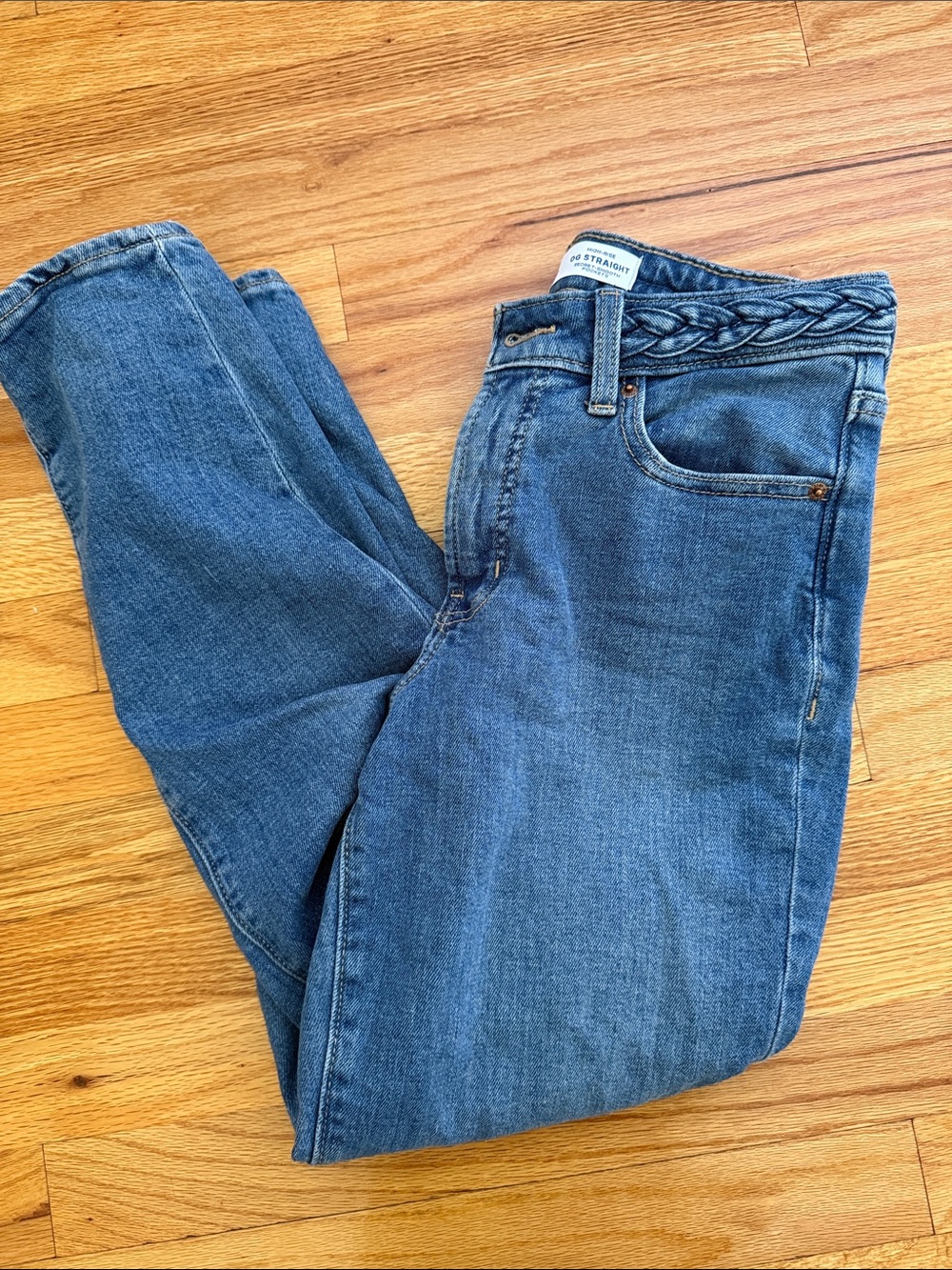Old Navy Women's Mid-Blue Straight Leg Jeans with Braided Waist